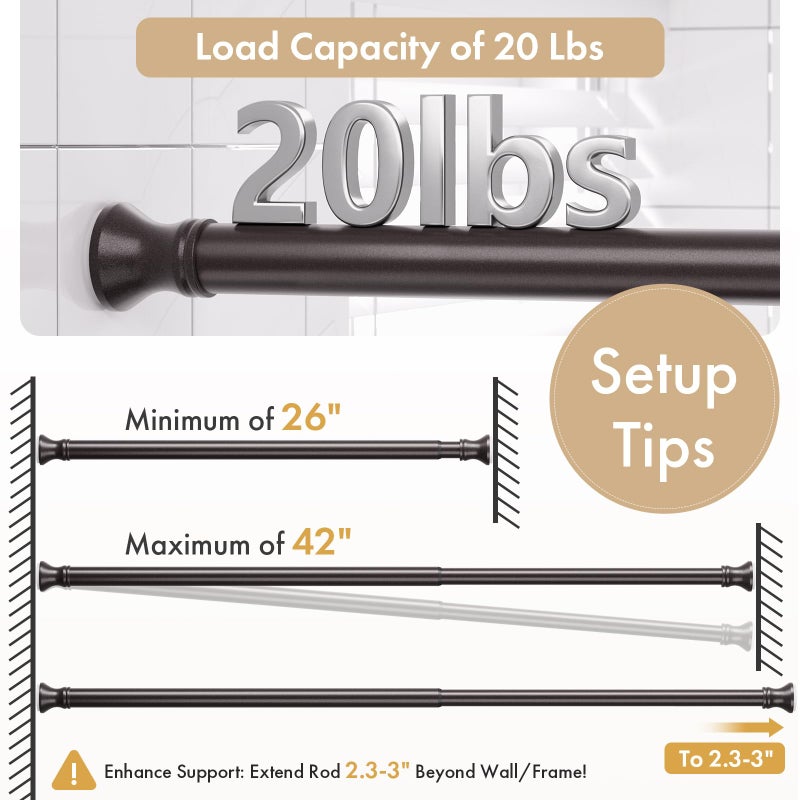 Amazer Spring Tension Shower Curtain Rod, 26-42 Inches Rust-Resistance Tension Curtain Rod Bathroom Rod, Adjustable Shower Curtain Rod No Drill, Bronze - Image 4